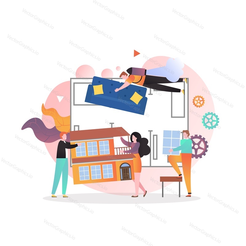 Huge floor plan of house and micro characters arranging furniture in living room, vector illustration. Interior design, home decoration concept for web banner, website page etc.