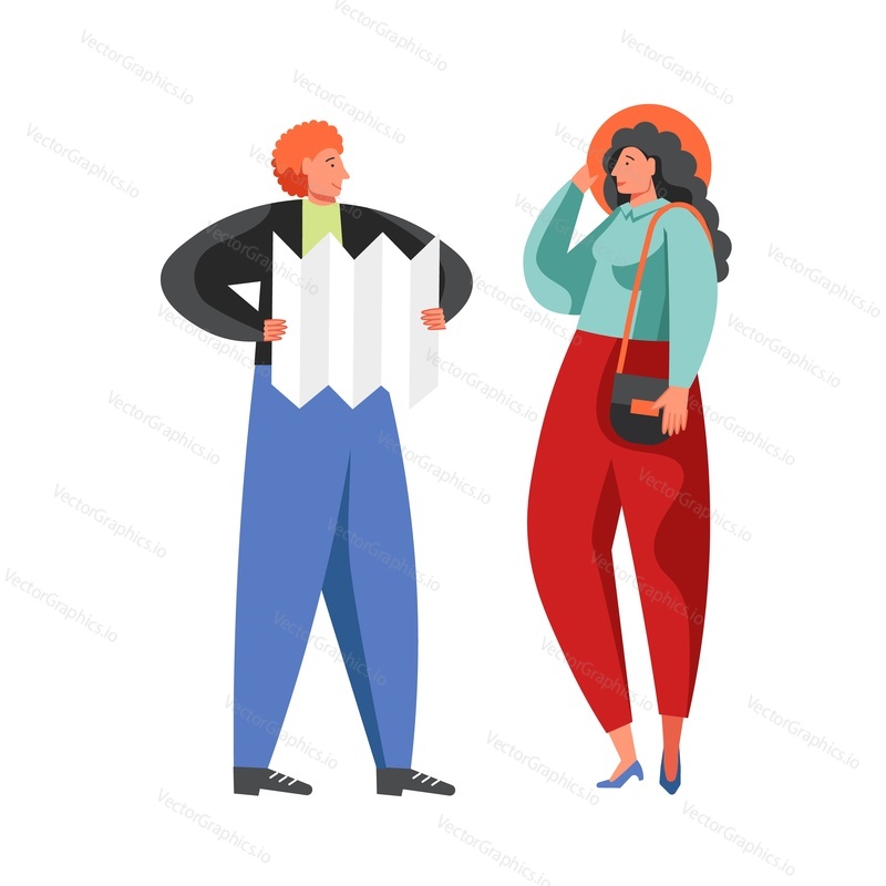 Tourist couple characters with travel map, planning route, vector flat isolated illustration. Summer traveling, vacation, tourism, adventure concept for web banner, website page etc.