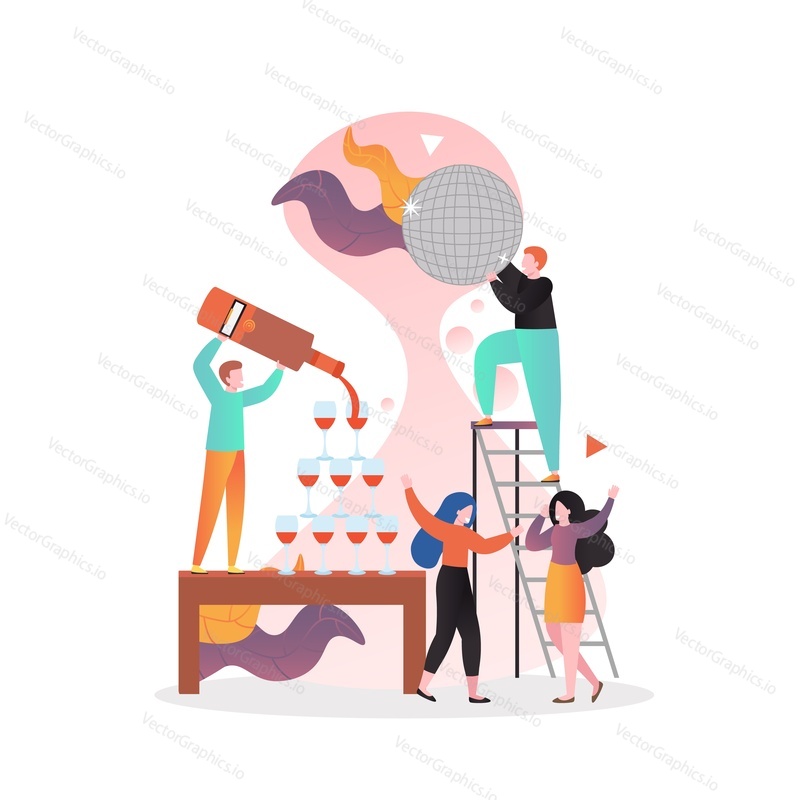 Disco party, vector illustration. Male and female characters dancing, pouring wine and having fun. Nightclub party composition for web banner, website page etc.
