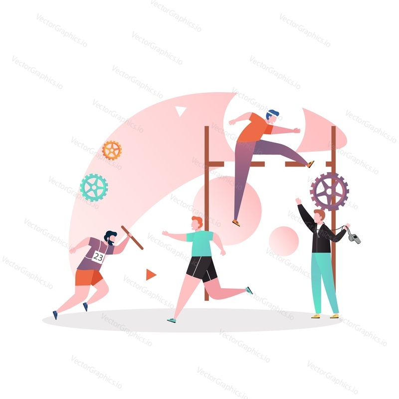 Athletes male characters jumping over horizontal bar, running and passing relay baton, vector illustration. Athletics high jump, relay race track and field sport events concept.