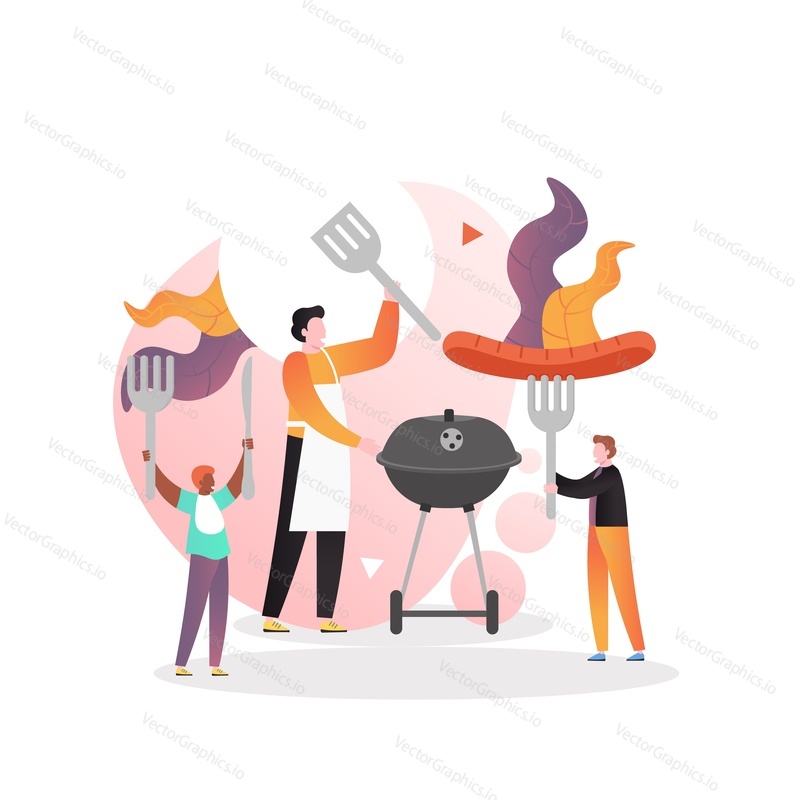 BBQ party, vector illustration. Male cartoon characters grilling sausages. Barbecue food, outdoor picnic composition for web banner, website page etc.