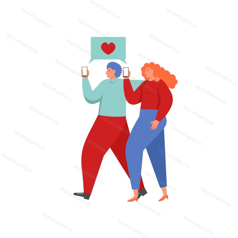 Happy loving couple with mobile phones and heart love message bubble, vector flat isolated illustration. Wireless networking communication technology concept for web banner, website page etc.