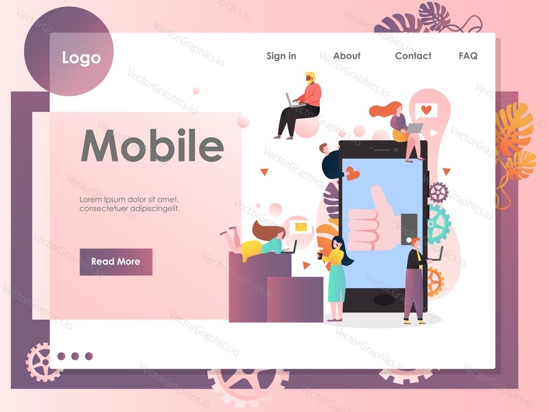 Mobile vector website template, web page and landing page design for website and mobile site development. Mobile technologies concept with characters using smartphone, laptop computer.