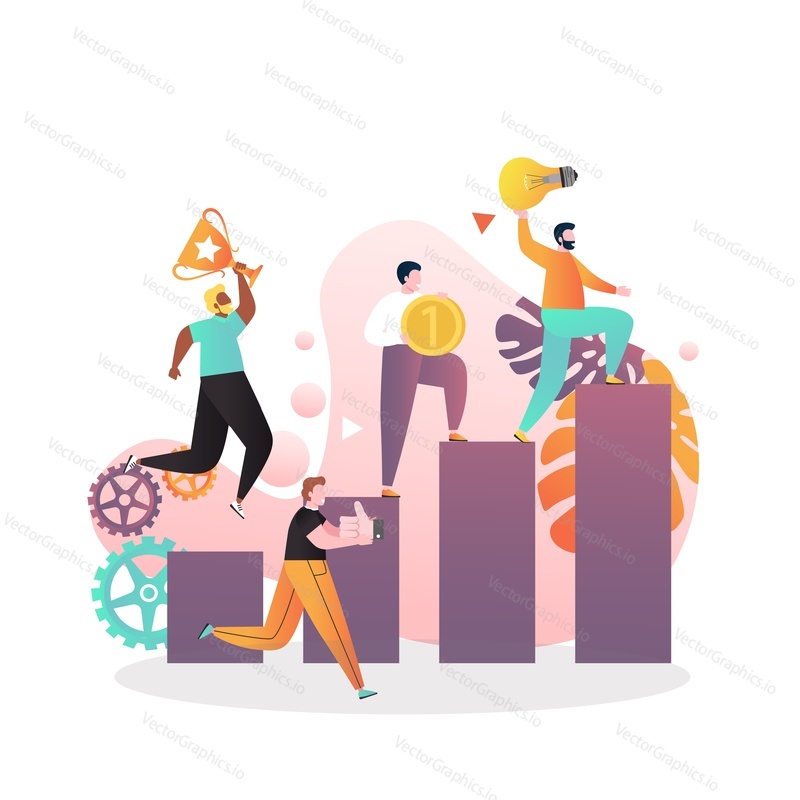 Business people with gold cup, medal, thumbs up yes hand sign, light bulb, vector illustration. Businessmen following schedule to meet established goals. Succeed, business strategy and achievements.
