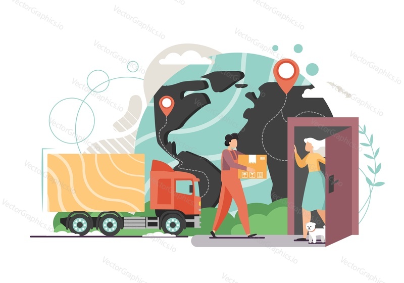 Delivery truck and man carrying parcel to woman door, world map with location pin, vector flat style design illustration. Express home delivery service, online shopping, cargo and shipping concept.