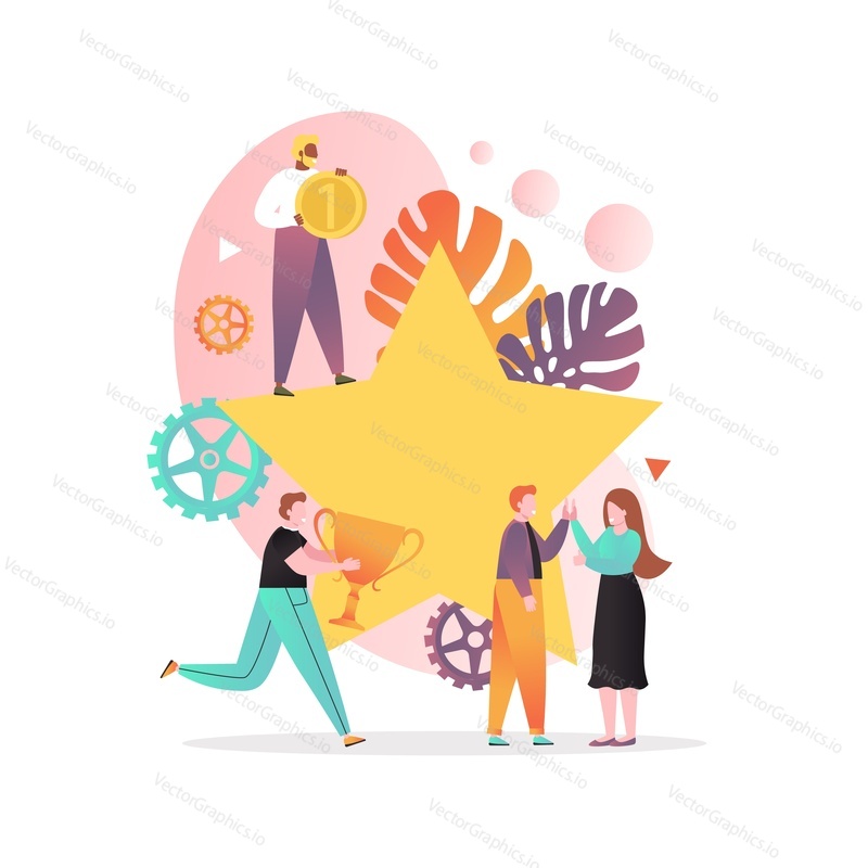 Huge star and tiny characters happy business people getting rewards gold cup, medal, vector illustration. Corporate financial success, successful team winners concept for web banner, website page etc.