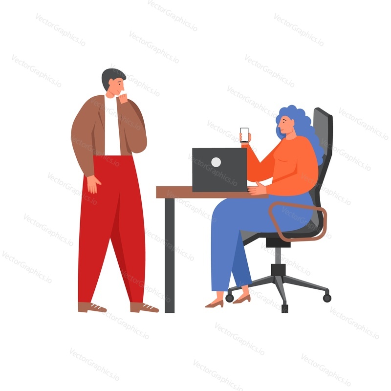 Business people man and woman talking to each other, thinking, vector flat isolated illustration. Business team office scene, debate, brainstorming, teamwork concept for web banner, website page etc.