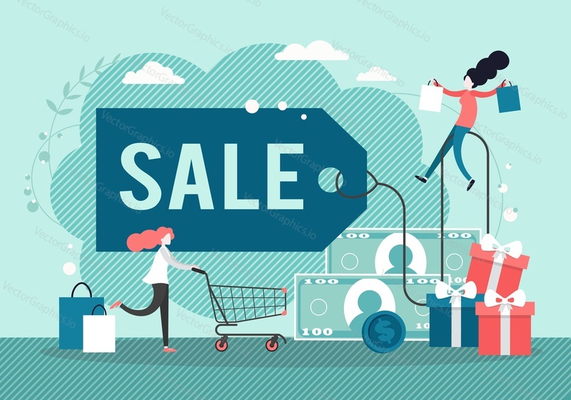 Huge Sale tag and micro characters happy women shopping, vector flat style design illustration. Seasonal clearance sale and discounts promotion, successful holiday marketing campaign concept.