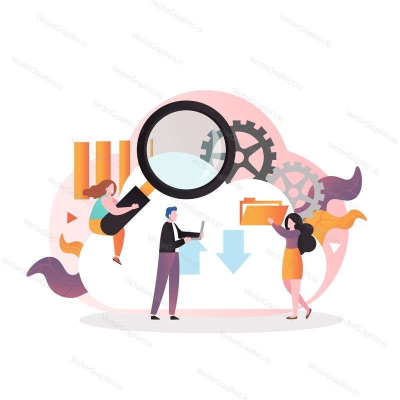 Huge cloud and micro male and female characters with magnifying glass, file folder, laptop computer, vector illustration. Cloud computing technology, the Internet concept for web banner, website page.