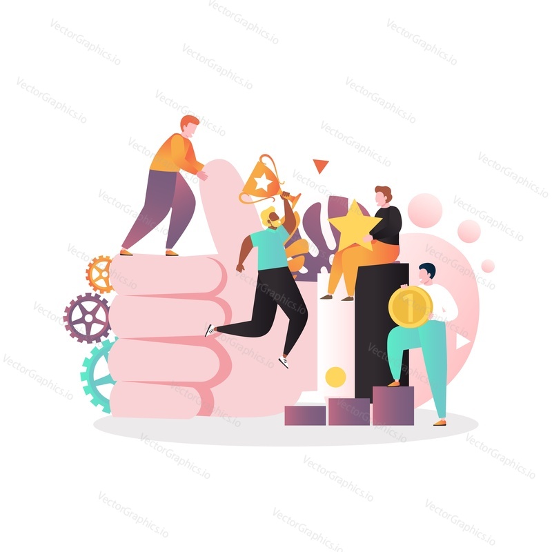 Huge thumbs up hand gesture and tiny successful business people with gold cup, star, medal, vector illustration. Succeed concept for web banner, website page etc.