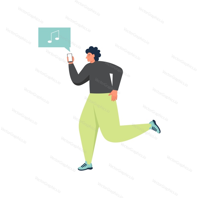 Business man running holding smartphone with music notes message bubble, vector flat isolated illustration. Wireless networking technology, wifi access concept for web banner, website page etc.
