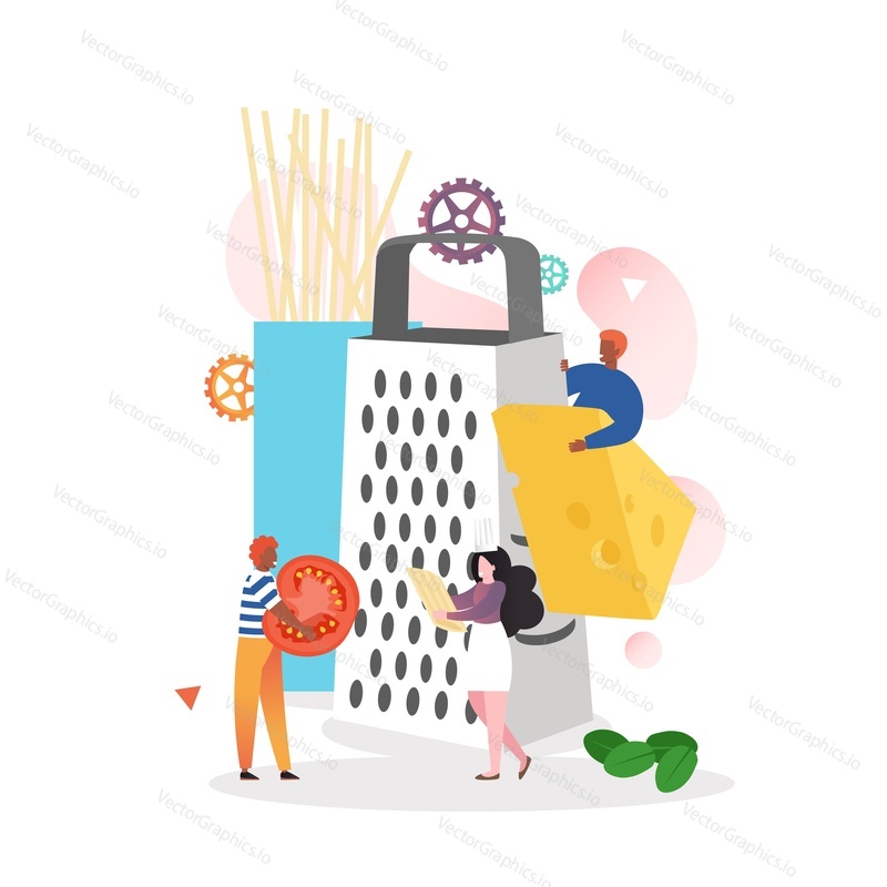 Huge grater, micro male and female characters chefs grating cheese, holding tomato slice, vector illustration. Italian cuisine concept for web banner, website page etc.