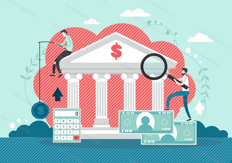 Bank building with businessman characters searching money with magnifying glass, catching dollar coin with fishing rod, vector flat style design illustration. Bank loan, money growth, banking concept.