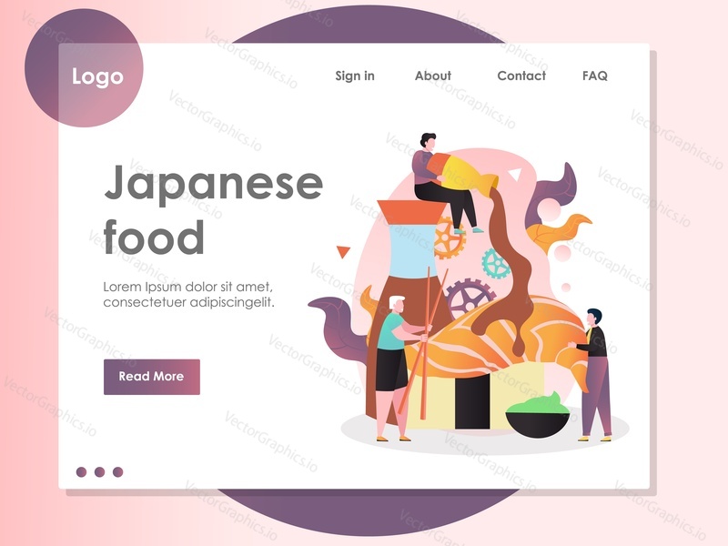 Шаблон векторного сайта японской кухни, дизайн веб-страницы и целевой страницы для разработки веб-сайтов и мобильных сайтов. Японский ресторан, концепция суши-бара с персонажами.