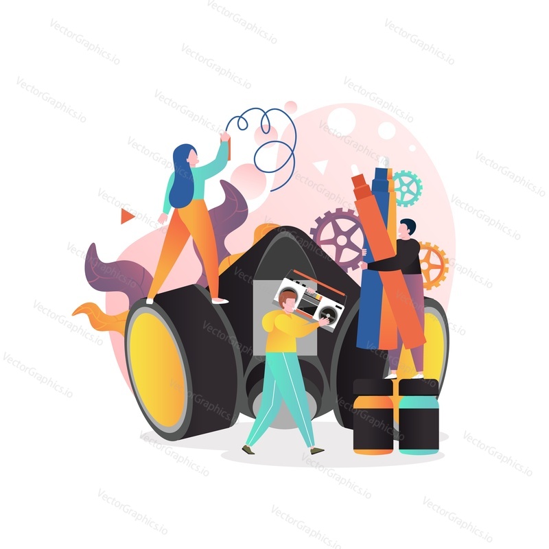 Street art concept vector illustration. Tiny graffiti characters with huge spray painting tools and accessories such as paint spray can, jars, markers, mask and retro babin recorder.