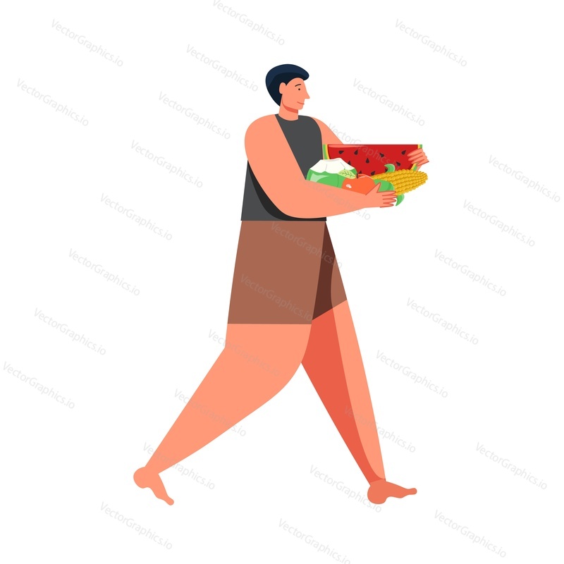 Man carrying summer fresh fruits and corn, vector flat illustration isolated on white background. Summer vacation, summertime, travel.