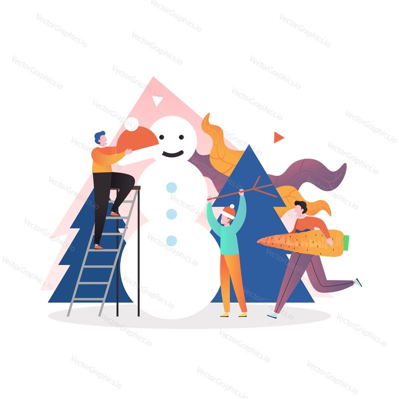 People making snowman, vector illustration. Preparation for Christmas and New Year celebration composition for poster, banner, website page etc.