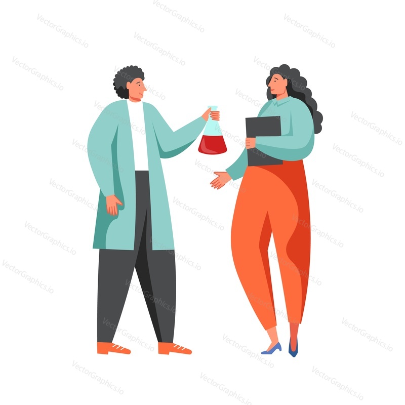 Man in lab coat giving chemistry flask to woman, vector flat illustration isolated on white background. Scientific research, science experiment concept for website page etc.