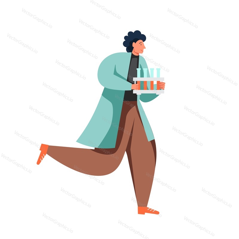 Man lab attendant running with test tubes, vector flat illustration isolated on white background. Scientific research, science experiment concept for website page etc.