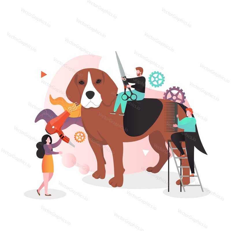 Huge dog, pet grooming salon staff micro male, female characters, vector illustration. Dog haircut, animal care composition for web banner, website page etc.