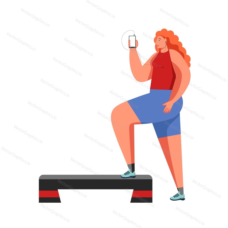 Woman doing exercises with stepper, vector flat illustration isolated on white background. Fat burning cardio gym workout, step aerobics, sport activity.