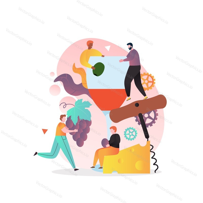 Huge glass of red wine, bunch of grapes, cheese, corkscrew and tiny characters, vector illustration. Wine event, tasting, party, festival concept for web banner, website page etc.