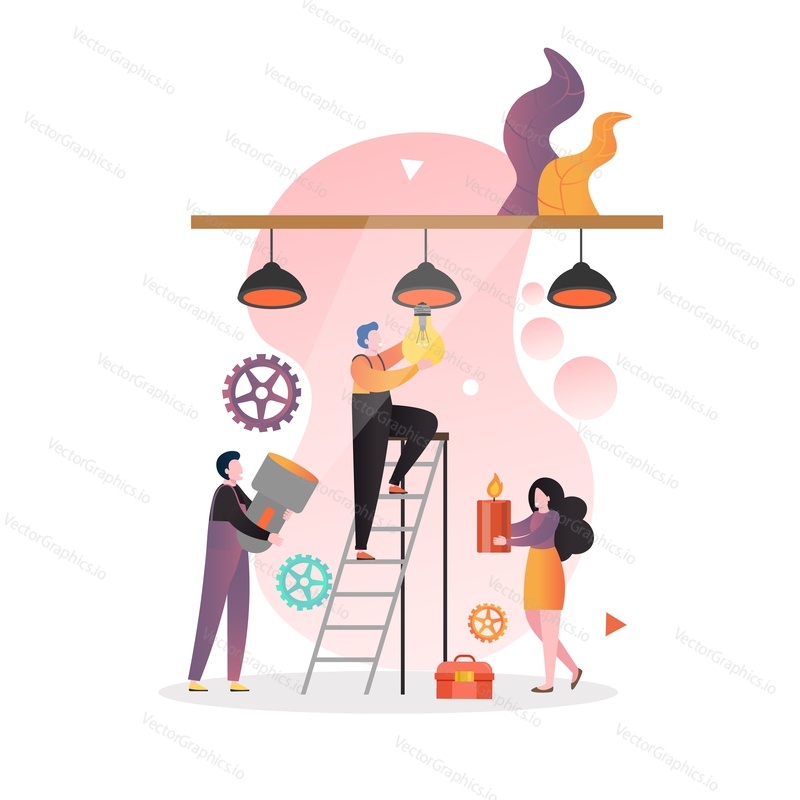 Professional handyman repairman electrician fixing ceiling lamp while standing on ladder, vector illustration. Electrician service concept for web banner, website page etc.