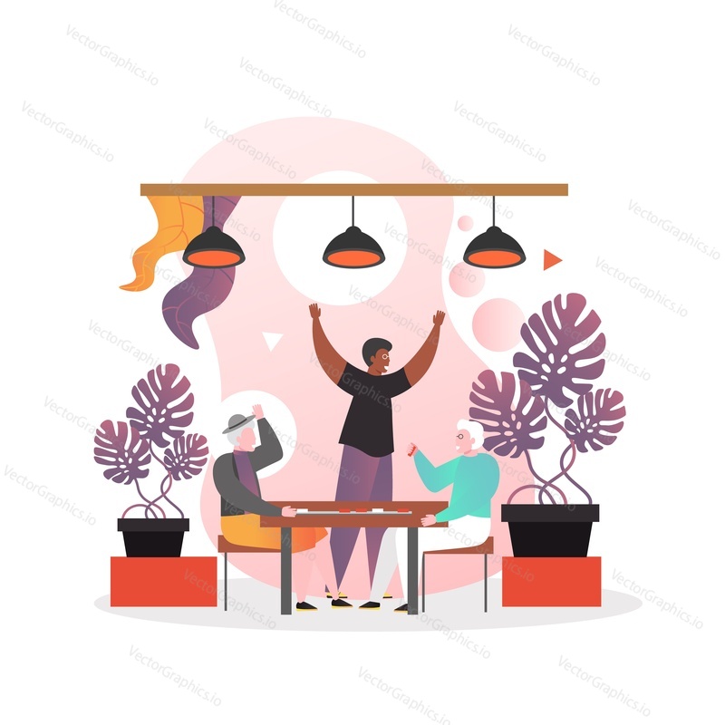 The elderly people male characters playing checkers, vector illustration. Pensioners enjoying their life spending time with friends. Healthy and active lifestyles for seniors concept.