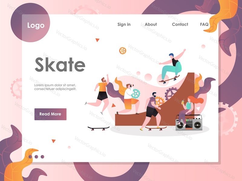 Шаблон векторного веб-сайта Skate, дизайн веб-страницы и целевой страницы для разработки веб-сайтов и мобильных сайтов. Концепция скейтбординга Vert с молодыми людьми, катающимися на скейтбордах по скейт-рампе.