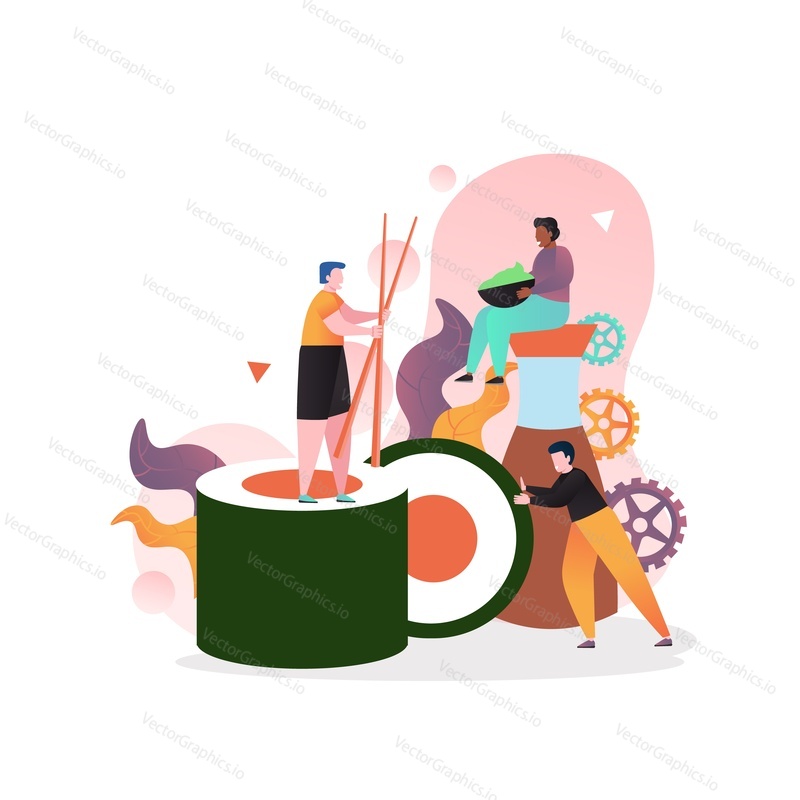 Japanese food vector illustration. Tiny characters pushing huge maki sushi roll, holding chopsticks, bowl of wasabi paste while sitting on soy sauce. Traditional asian cuisine, sushi bar, restaurant.