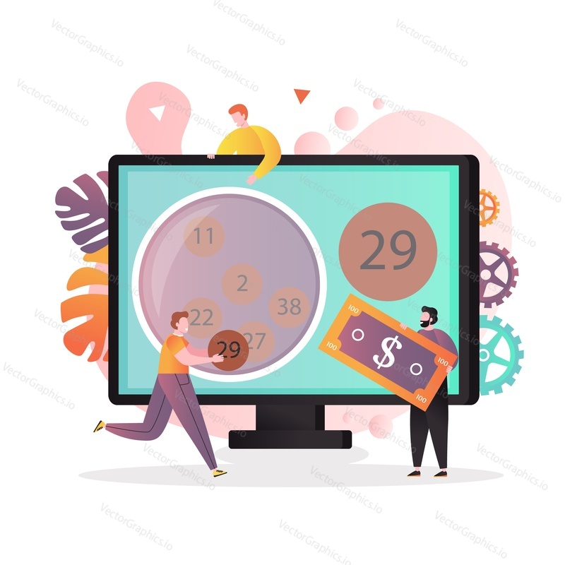 Люди, играющие в лото векторная концептуальная иллюстрация. Большой монитор компьютера и крошечные персонажи, держащие деньги и шарик со счастливым номером. Композиция онлайн-лотерейной игры для веб-баннера, страницы веб-сайта и т.д.