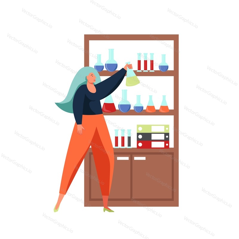 Woman standing next to laboratory cabinet with lab tubes, flasks, folders on shelves, vector flat illustration isolated on white background. Science experiment, education, scientific research.