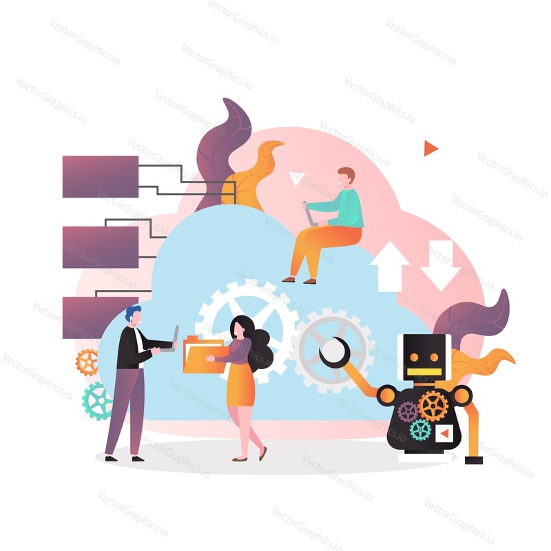 Huge cloud, robot, micro male and female characters with file folder, laptop computer, vector illustration. Cloud computing and artificial intelligence technologies concept for banner, website page.