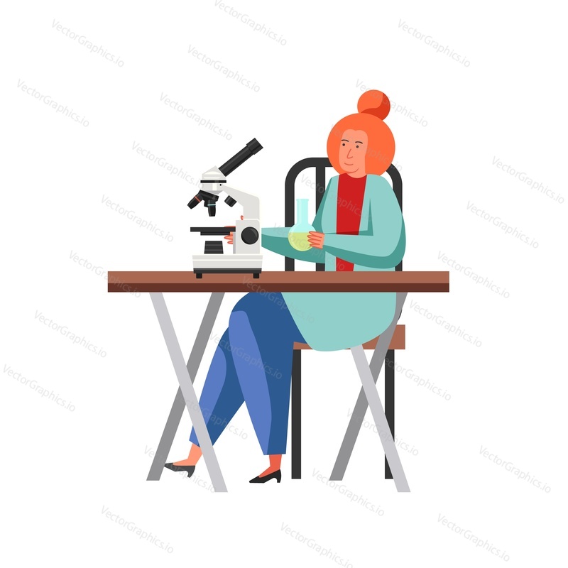 Woman scientist or lab attendant working in science laboratory using microscope and lab flask, vector flat isolated illustration. Scientific research, experiment concept for web banner, website page.