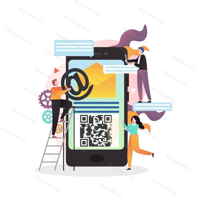 Huge smartphone with envelope, email sign and message bubbles on screen, male and female characters texting messages using laptop and mobile, vector illustration. Contact us concept for website page.