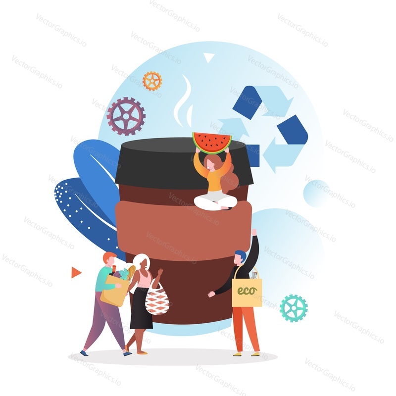 Huge eco friendly coffee cup, recycling symbol, micro characters with eco shopping bags, vector illustration. Save environment concept for web banner, website page etc.