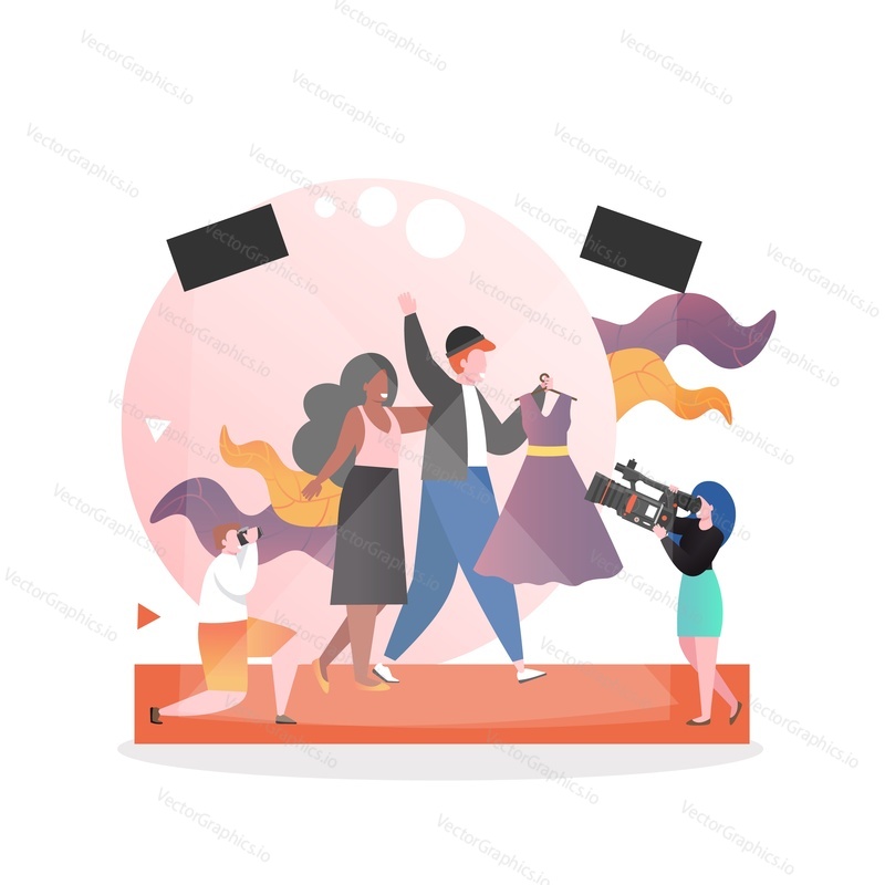 Professional fashion designer male character with model girl walking down the catwalk, vector illustration. Fashion show concept for web banner, website page etc.