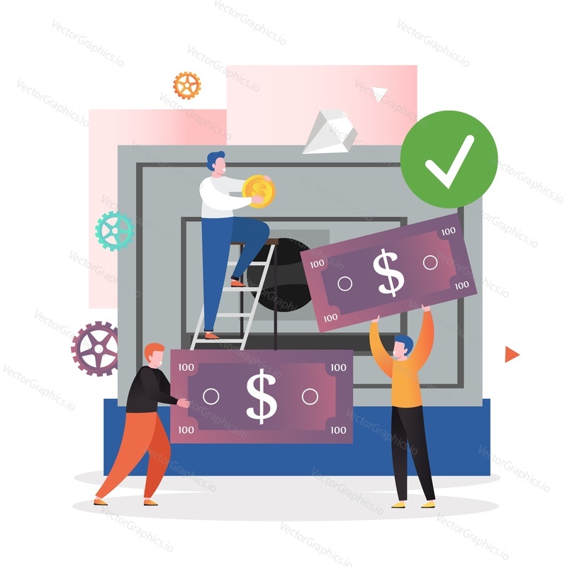 Micro characters business people putting money into huge bank safe, vector illustration. Investment and safety, savings deposit concept for web banner, website page etc