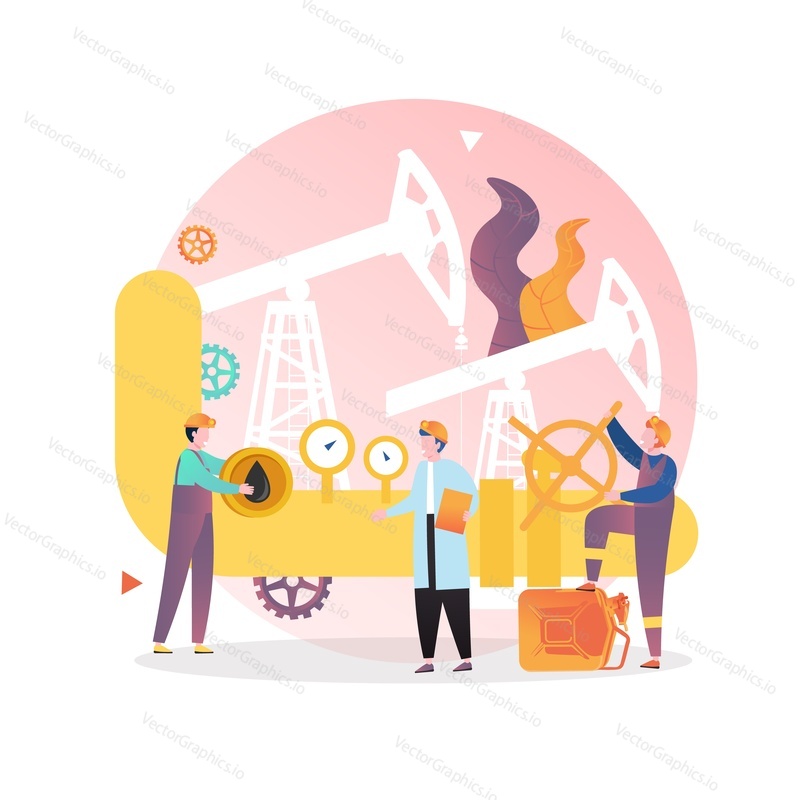 Pump jack extracting crude oil from oil well, male characters working on pipeline, vector illustration. Petroleum production and transportation, pipeline industry concept for website page etc.