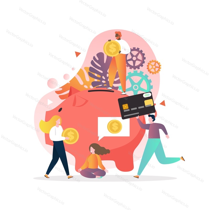 Vector illustration of tiny characters putting dollar coins, card into huge piggy bank. Business and finance, making and saving money, financial investment concept for web banner, website page etc.