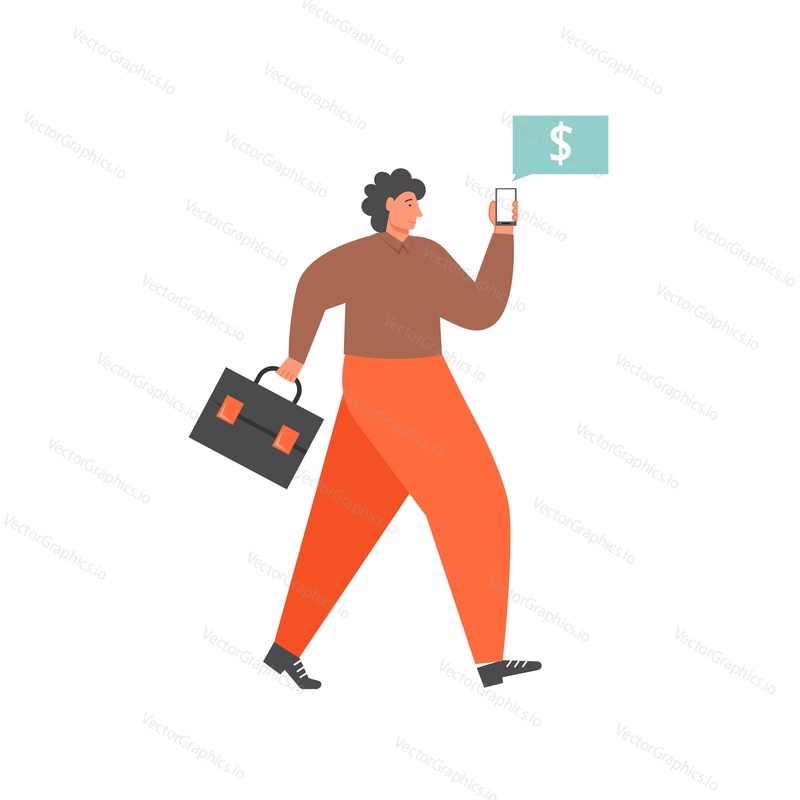 Business man walking with suitcase and smartphone with dollar sign message bubble, vector flat isolated illustration. Wireless networking communication technology concept for web banner, website page.