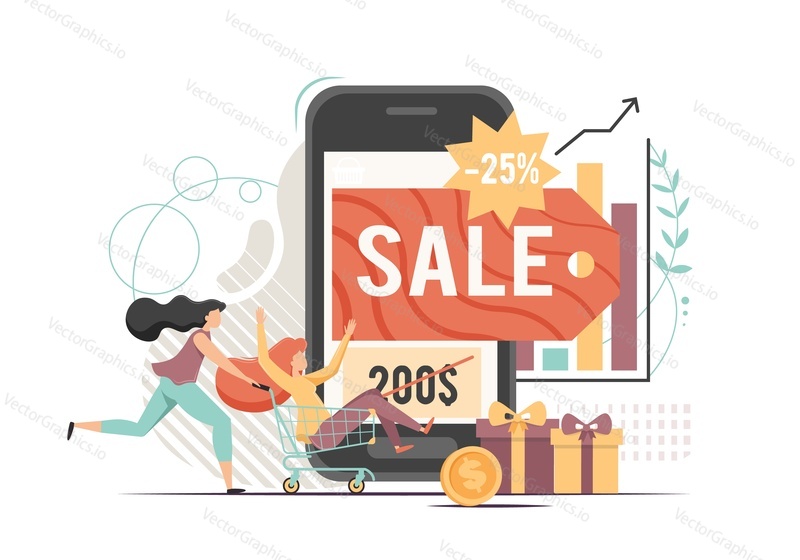 Online shopping sales and offers vector flat style design illustration. Mobile commerce app, e-payment system, internet sales concept for web banner, website page etc.