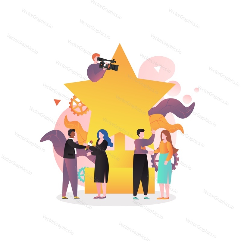 Movie award ceremony vector illustration. Huge gold star, film festival trophy and tiny characters with camcorder, microphone. Cinema industry, film award show concept for web banner, website page etc