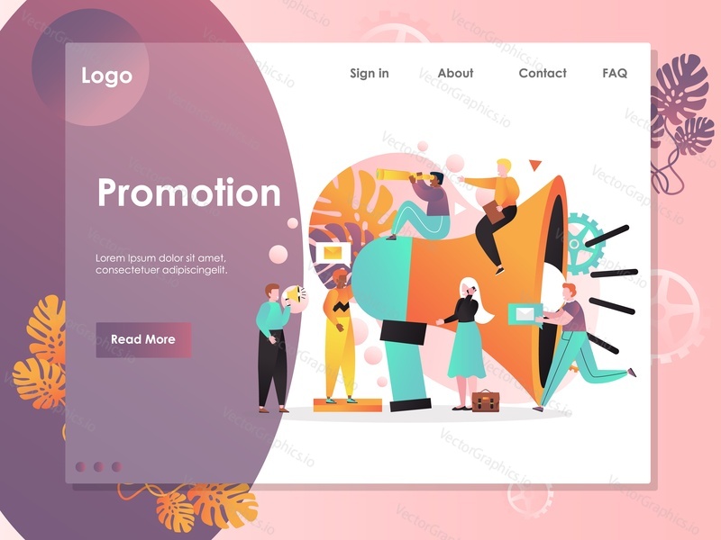 Promotion vector website template, web page and landing page design for website and mobile site development. Business promotion, types of advertising, public relations, mobile marketing concept.