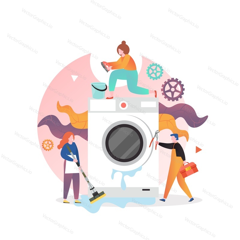 Professional handyman plumber fixing washer, vector illustration. Washing machine repair and maintenance service concept for web banner, website page etc.