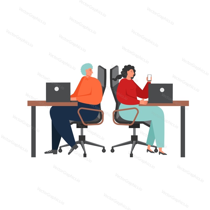 Businessman working side-by-side with businesswoman, vector flat isolated illustration. Business team office scene, teamwork, workplace concept for web banner, website page etc.