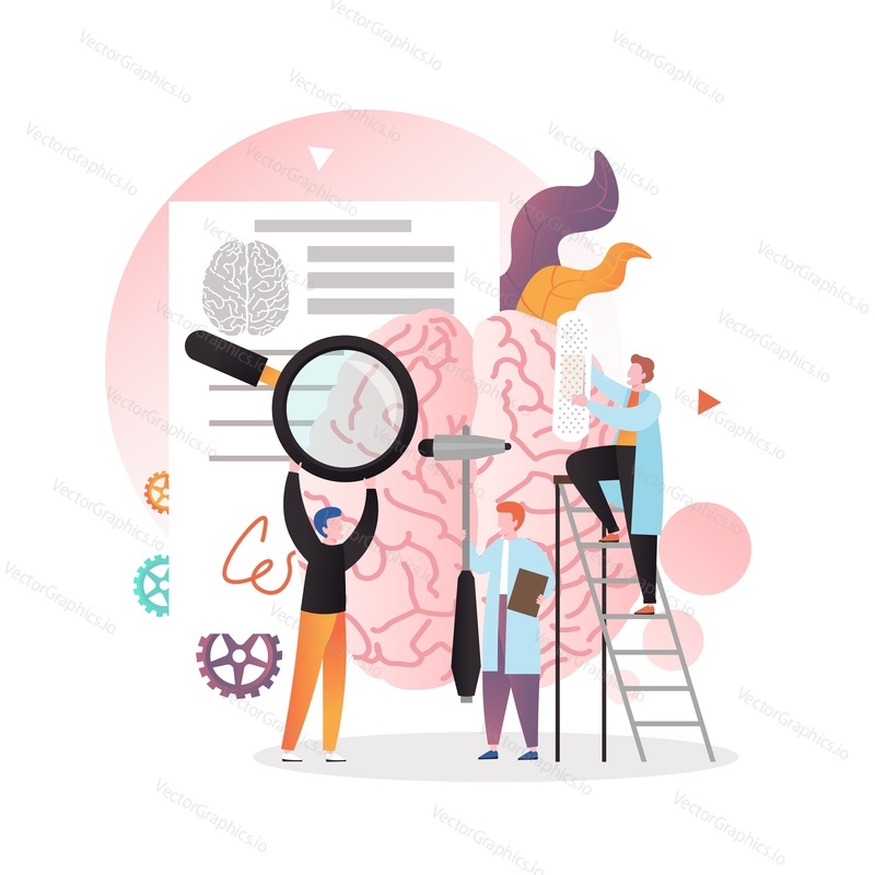 Human brain research vector concept illustration. Male characters doctors, scientists inspecting and studying human brain. Neurology, psychology, brain disorders and diseases testing.