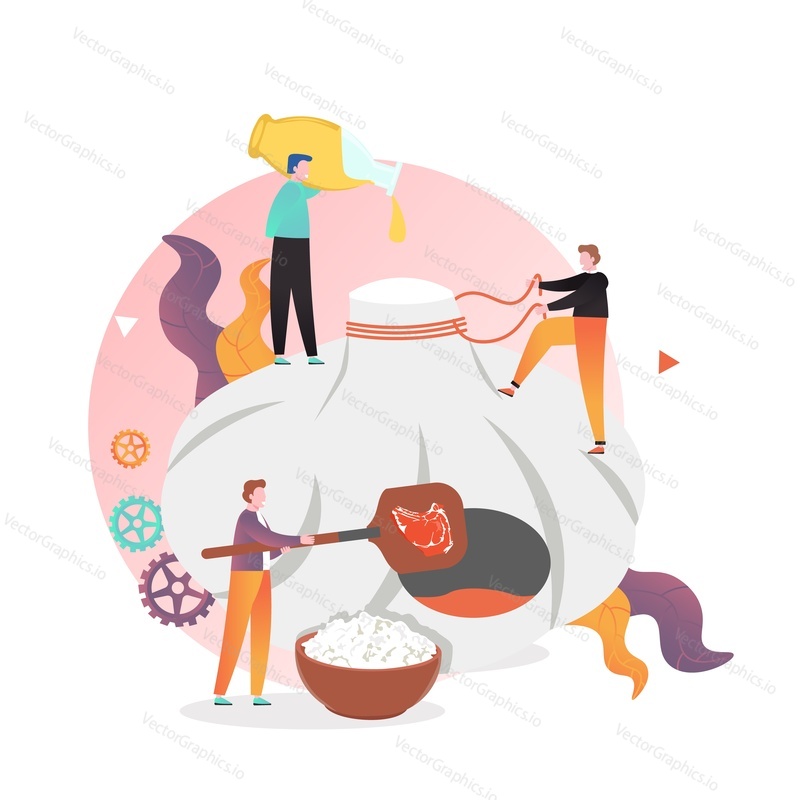 Georgian traditional cuisine, vector illustration. Micro male characters cooking huge khinkali. Georgian food restaurant composition for web banner, website page etc.