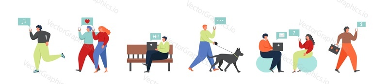 People sending or receiving text messages using wireless connection and smartphones and laptop computers, vector flat isolated illustration. Wireless networking communication technology, wifi access.