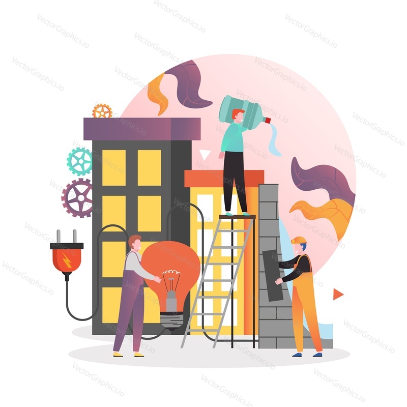 Dam energy production, vector illustration. Male and female characters engineers working at hydroelectric power plant. Hydropower electricity, energy of falling water, renewable source concept.